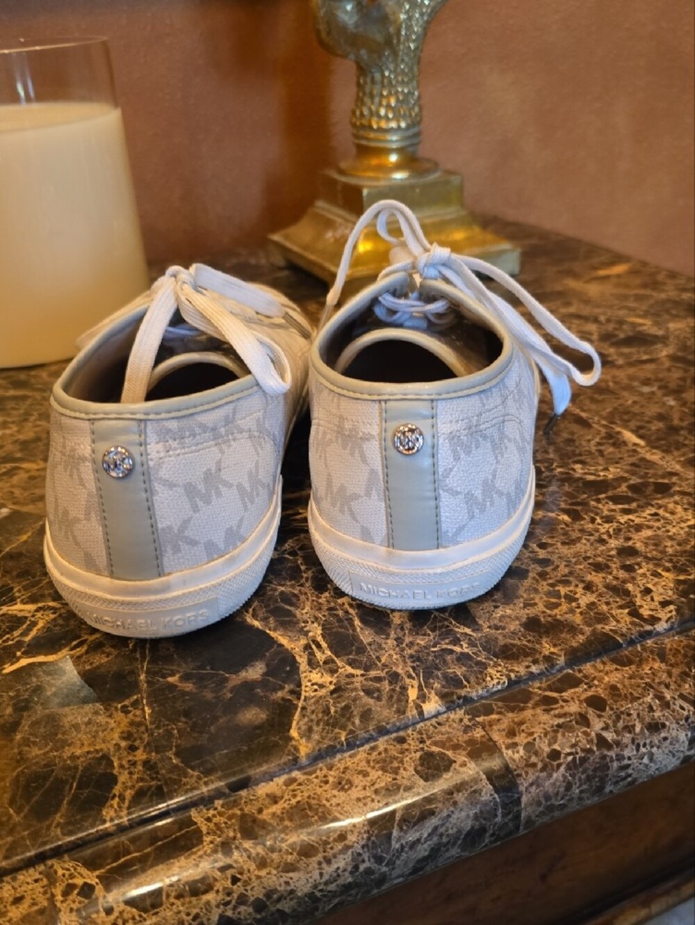 Michael Kors Beige and White MK Logo Low-Top Sneakers - Picture 5 of 9